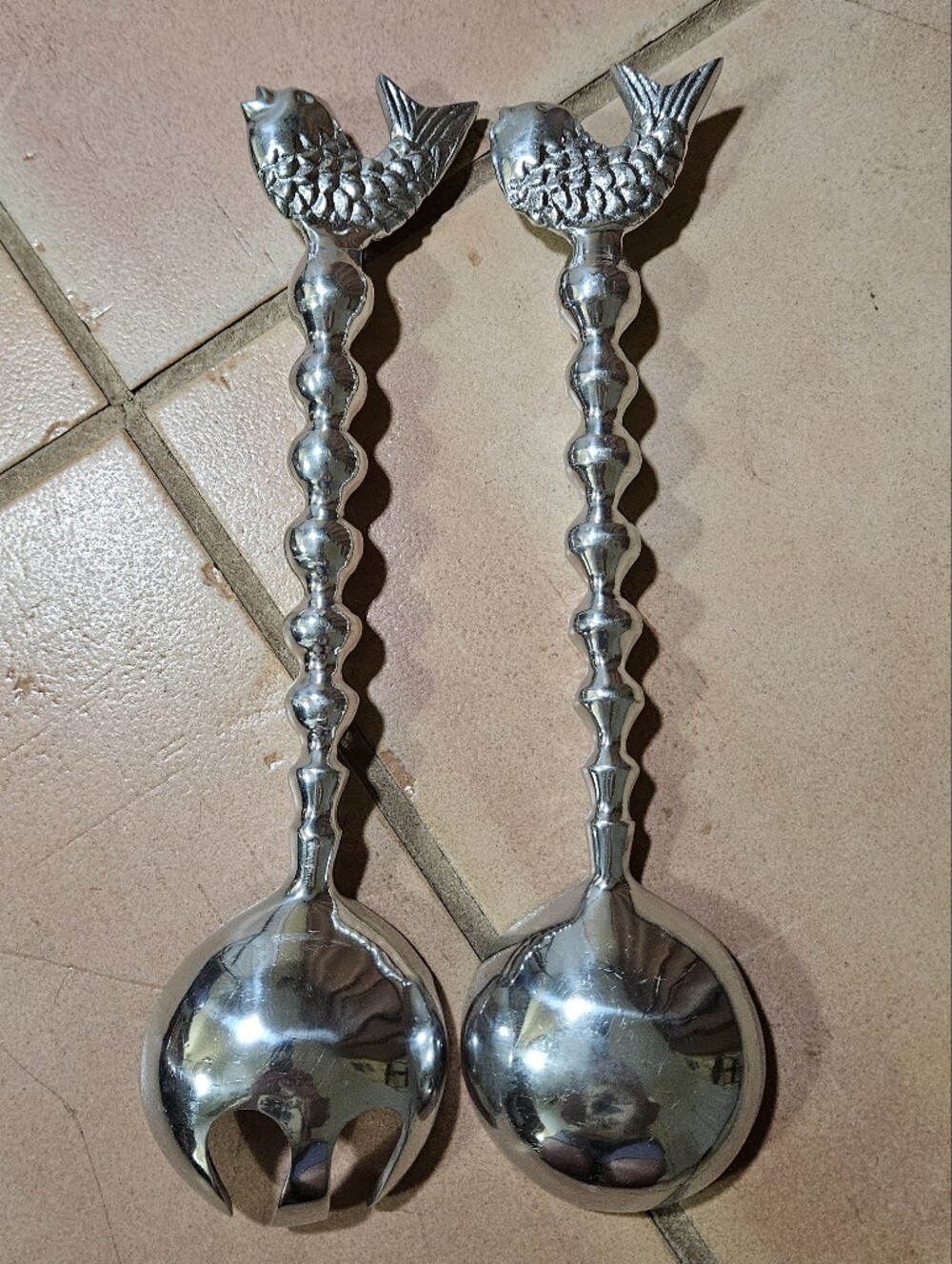 Salad Serving Spoon & Fork With Beaded Handle And Fish - Picture 2 of 6